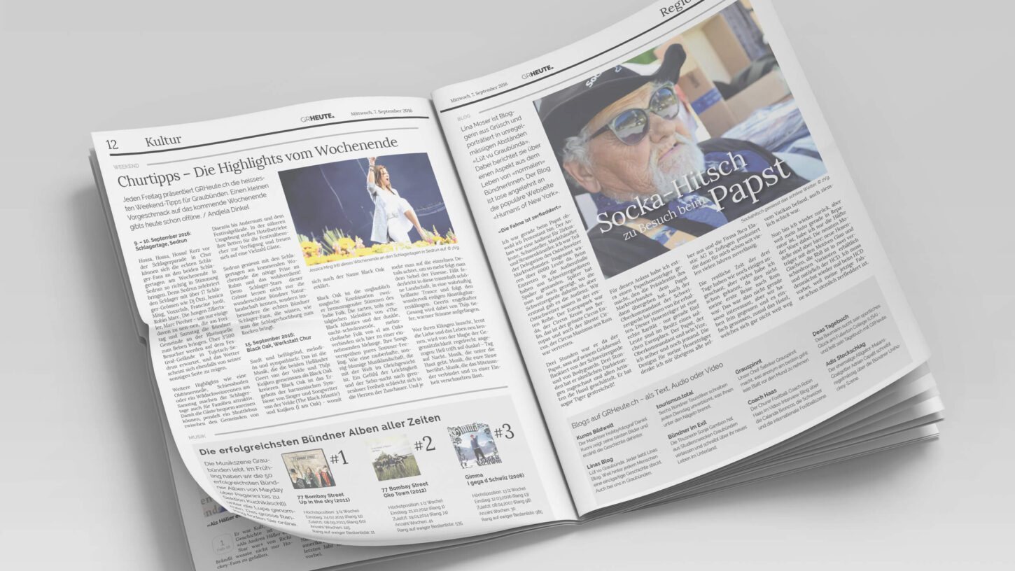 Print-Ausgabe der Bündner Online.Zeitung GRHeute anlässllich des 1. Geburtstages.