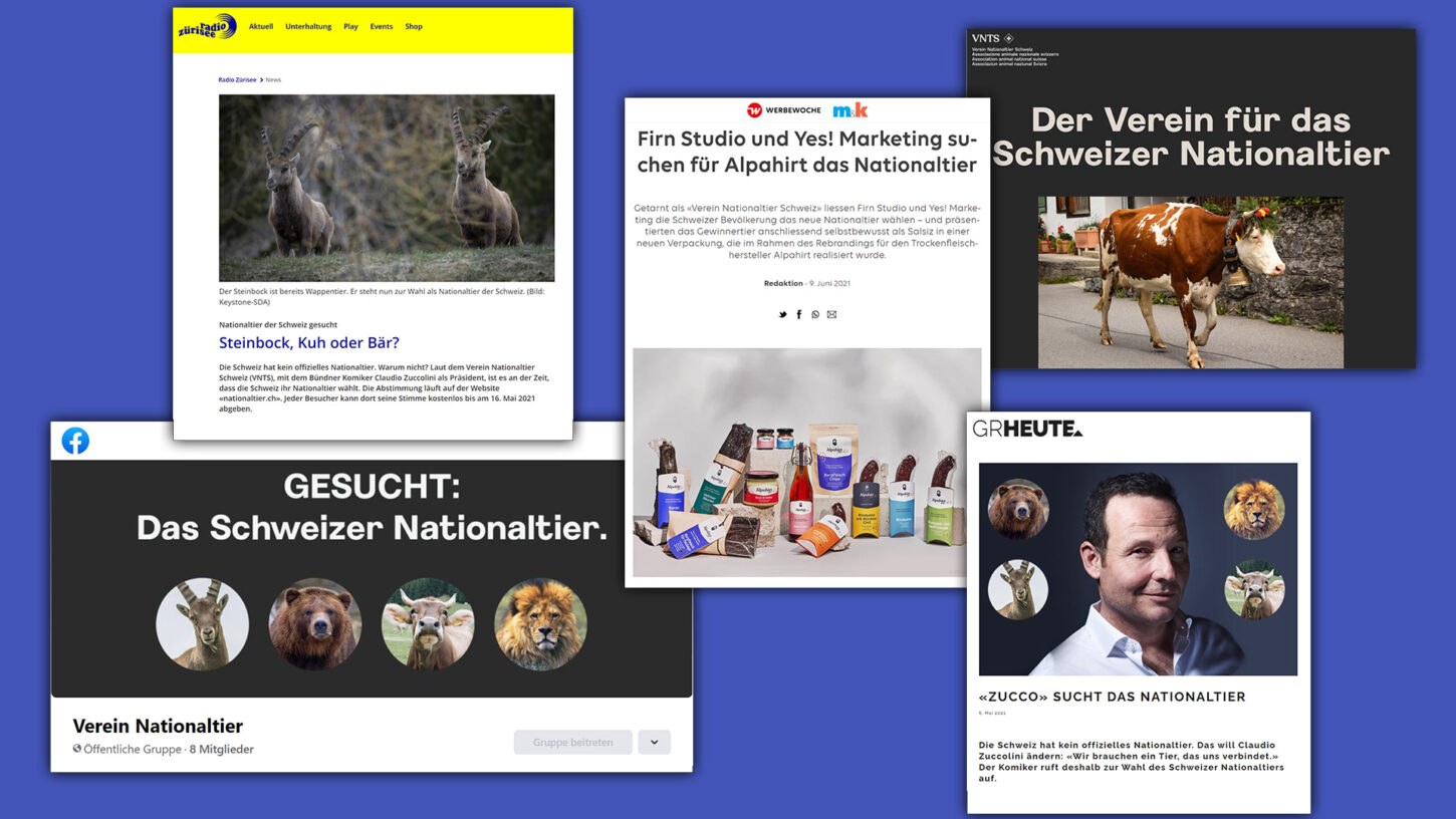 Mockups verschiedener Screens mit Medienberichten zur Alaphirt-Kampagne.